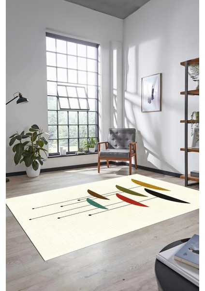 Baskılı Kaymaz Taban Yıkanabilir Modern Yolluk Mutfak Salon Halısı MODERN-112-KREM