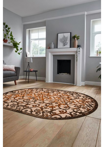 Modern Klasik Desen Dijital Kaymaz Yıkanabilir Oval Yolluk Mutfak Salon Halısı O-Modern-32-Kahve fiyatları