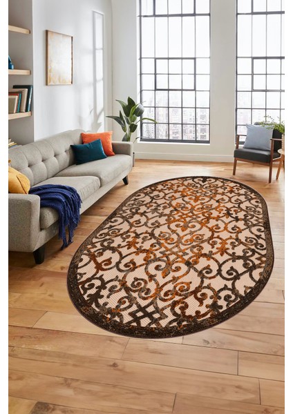 Modern Klasik Desen Dijital Kaymaz Yıkanabilir Oval Yolluk Mutfak Salon Halısı O-Modern-32-Kahve modelleri