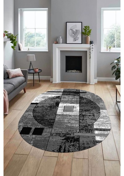 Modern Göbekli Desen Dijital Kaymaz Yıkanabilir Oval Yolluk Mutfak Salon Halısı O-Modern-33-Gri