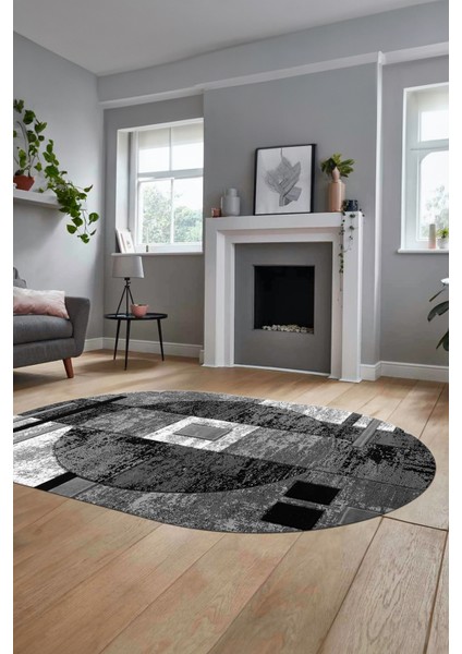 Modern Göbekli Desen Dijital Kaymaz Yıkanabilir Oval Yolluk Mutfak Salon Halısı O-Modern-33-Gri fiyatları