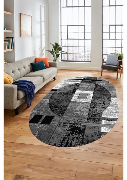 Modern Göbekli Desen Dijital Kaymaz Yıkanabilir Oval Yolluk Mutfak Salon Halısı O-Modern-33-Gri modelleri