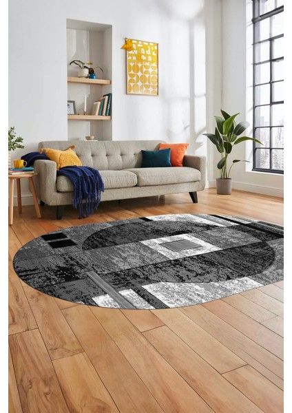 Modern Göbekli Desen Dijital Kaymaz Yıkanabilir Oval Yolluk Mutfak Salon Halısı O-Modern-33-Gri fırsatları