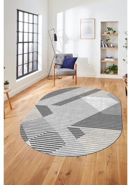 Baskılı Kaymaz Taban Yıkanabilir Şık Modern Yolluk Mutfak Oval Salon Halısı O-Modern-09-Gri