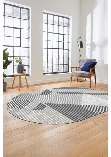 Baskılı Kaymaz Taban Yıkanabilir Şık Modern Yolluk Mutfak Oval Salon Halısı O-Modern-09-Gri