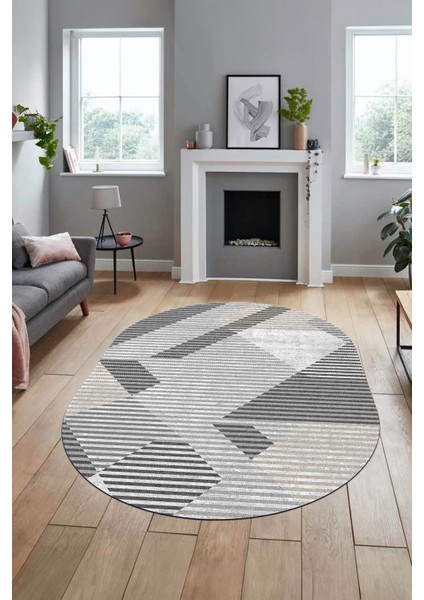 Baskılı Kaymaz Taban Yıkanabilir Şık Modern Yolluk Mutfak Oval Salon Halısı O-Modern-09-Gri