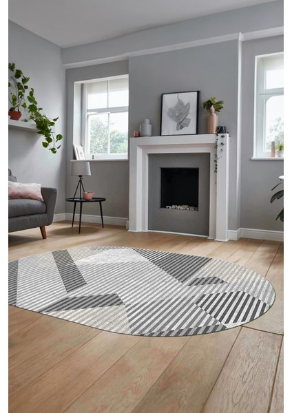 Baskılı Kaymaz Taban Yıkanabilir Şık Modern Yolluk Mutfak Oval Salon Halısı O-Modern-09-Gri