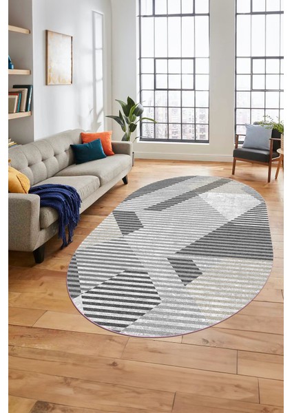 Baskılı Kaymaz Taban Yıkanabilir Şık Modern Yolluk Mutfak Oval Salon Halısı O-Modern-09-Gri