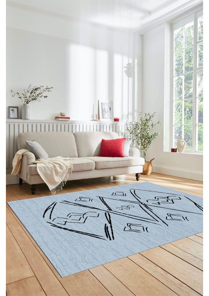 Baskılı Kaymaz Yıkanabilir Şık Modern Yolluk Mutfak Halısı Salon Halısı Modern-59-Mavi