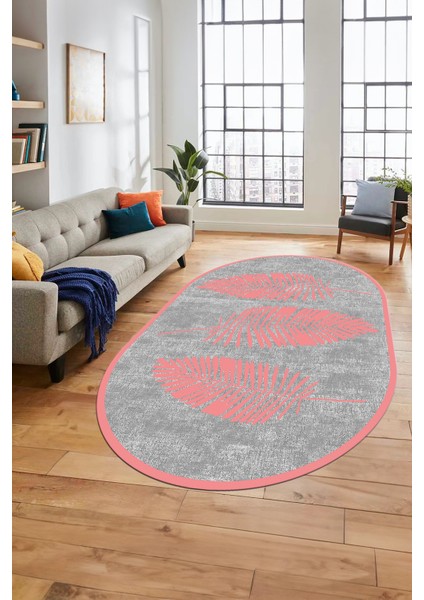 Baskılı Kaymaz Yıkanabilir Modern Yaprak Desen Oval Yolluk Mutfak Salon Halısı O-Modern-41-Pembe