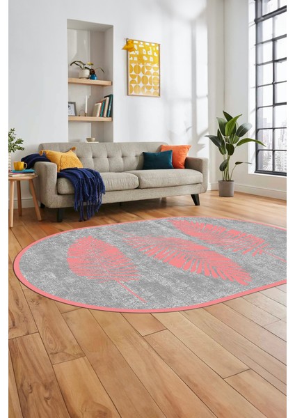 Baskılı Kaymaz Yıkanabilir Modern Yaprak Desen Oval Yolluk Mutfak Salon Halısı O-Modern-41-Pembe