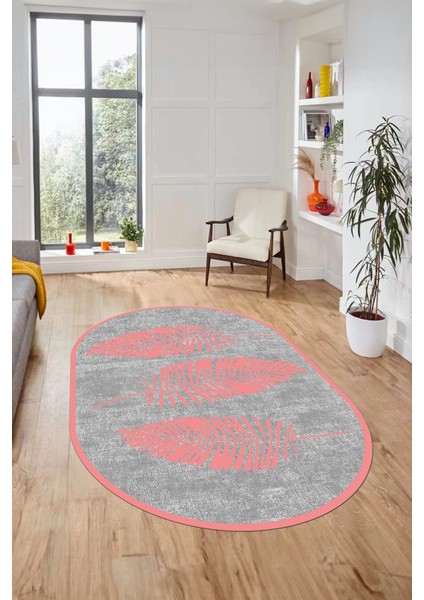 Baskılı Kaymaz Yıkanabilir Modern Yaprak Desen Oval Yolluk Mutfak Salon Halısı O-Modern-41-Pembe