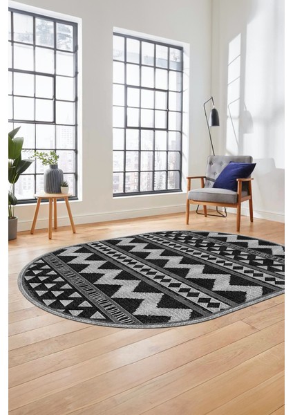 Evdeya Kilim Desen Baskılı Kaymaz Taban Yıkanabilir Modern Oval Yolluk Salon Halısı O-MODERN-105-ANTRASİT