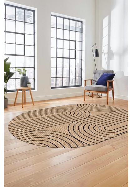 Sade Desen Baskılı Kaymaz Taban Yıkanabilir Modern Oval Yolluk Salon Halısı O-MODERN-110-BEJ modelleri