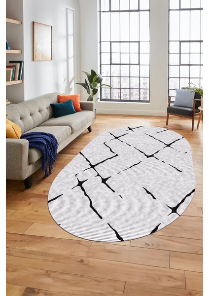 Şık Sade Modern Desenli Dijital Kaymaz Yıkanabilir Oval Yolluk Salon Halısı O-Modern-72-Siyah