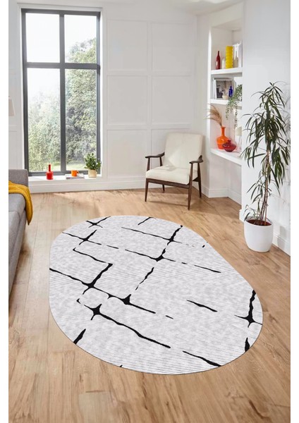 Şık Sade Modern Desenli Dijital Kaymaz Yıkanabilir Oval Yolluk Salon Halısı O-Modern-72-Siyah modelleri