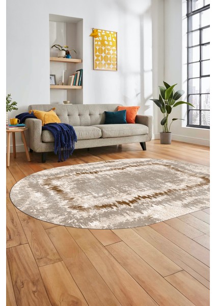Modern Sade Desenli Dijital Kaymaz Yıkanabilir Oval Yolluk Salon Halısı O-Modern-37-Kahve fırsatları