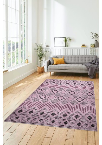 Baskılı Kaymaz Yıkanabilir Şık Kilim Desen Yolluk Mutfak Halısı Salon Halısı Modern-67-Pembe