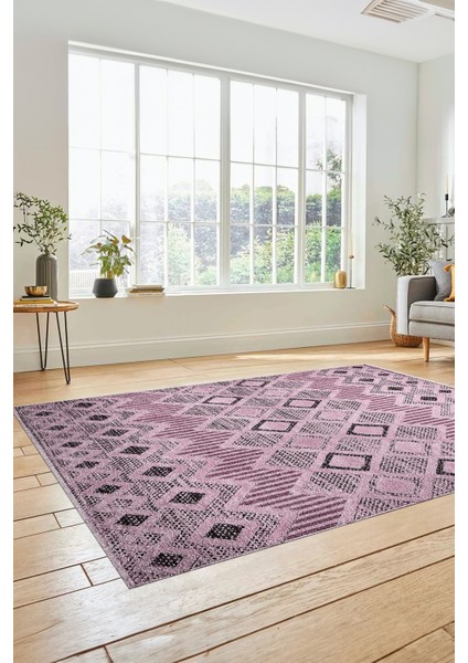 Baskılı Kaymaz Yıkanabilir Şık Kilim Desen Yolluk Mutfak Halısı Salon Halısı Modern-67-Pembe