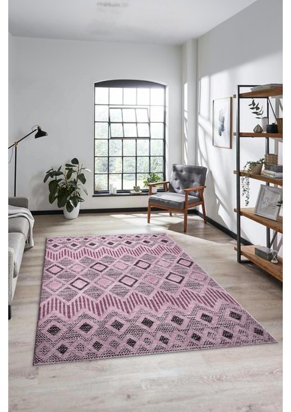 Baskılı Kaymaz Yıkanabilir Şık Kilim Desen Yolluk Mutfak Halısı Salon Halısı Modern-67-Pembe