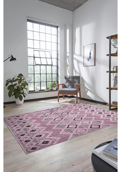 Baskılı Kaymaz Yıkanabilir Şık Kilim Desen Yolluk Mutfak Halısı Salon Halısı Modern-67-Pembe