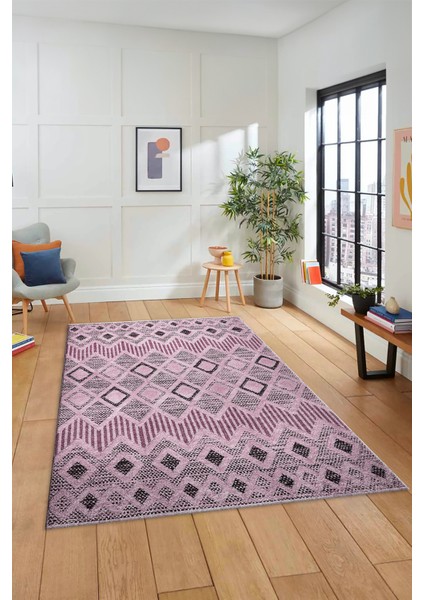 Baskılı Kaymaz Yıkanabilir Şık Kilim Desen Yolluk Mutfak Halısı Salon Halısı Modern-67-Pembe