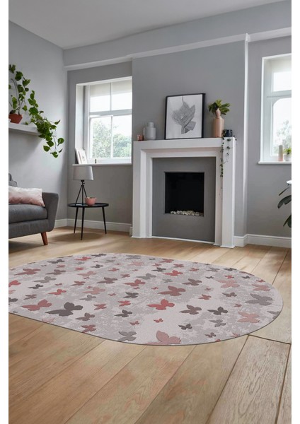 Baskılı Kaymaz Yıkanabilir Modern Kelebek Desen Oval Yolluk Salon Halısı O-Modern-51-Pembe