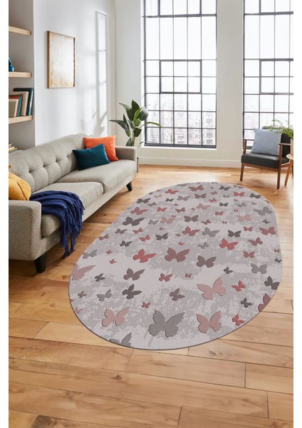 Baskılı Kaymaz Yıkanabilir Modern Kelebek Desen Oval Yolluk Salon Halısı O-Modern-51-Pembe fiyatları