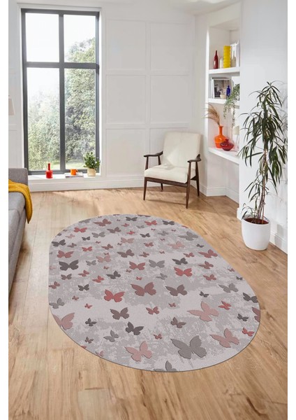 Baskılı Kaymaz Yıkanabilir Modern Kelebek Desen Oval Yolluk Salon Halısı O-Modern-51-Pembe fırsatları