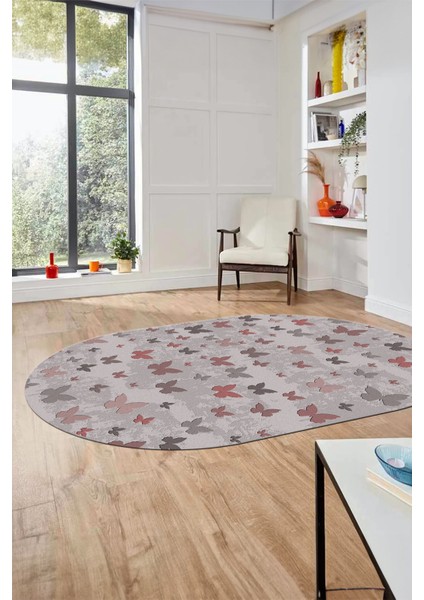 Baskılı Kaymaz Yıkanabilir Modern Kelebek Desen Oval Yolluk Salon Halısı O-Modern-51-Pembe indirimleri