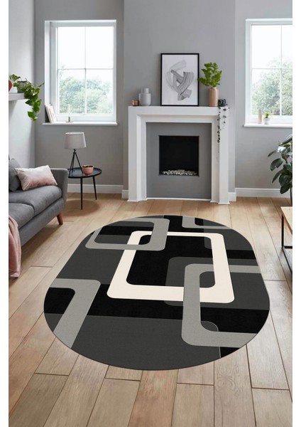 Şık Baskılı Kaymaz Yıkanabilir Modern Oval Yolluk Koridor Mutfak Salon Halısı O-Modern-40-Gri