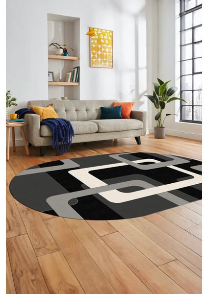 Şık Baskılı Kaymaz Yıkanabilir Modern Oval Yolluk Koridor Mutfak Salon Halısı O-Modern-40-Gri fırsatları