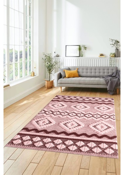 3D Baskılı Kaymaz Yıkanabilir Şık Kilim Desen Yolluk Mutfak Halısı Salon Halısı Modern-68-Pembe