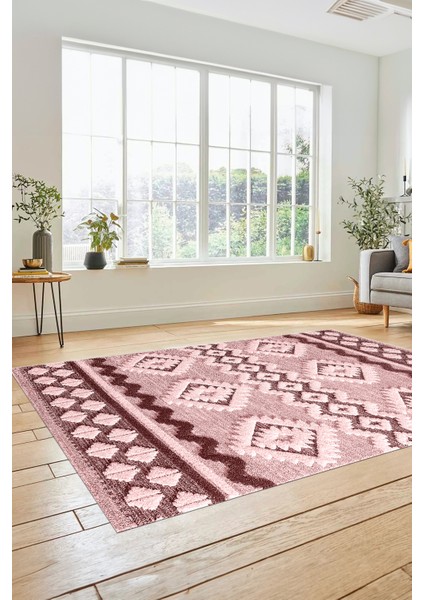 3D Baskılı Kaymaz Yıkanabilir Şık Kilim Desen Yolluk Mutfak Halısı Salon Halısı Modern-68-Pembe