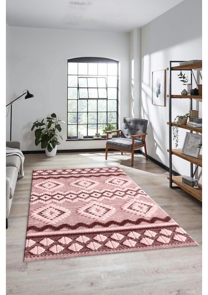 3D Baskılı Kaymaz Yıkanabilir Şık Kilim Desen Yolluk Mutfak Halısı Salon Halısı Modern-68-Pembe