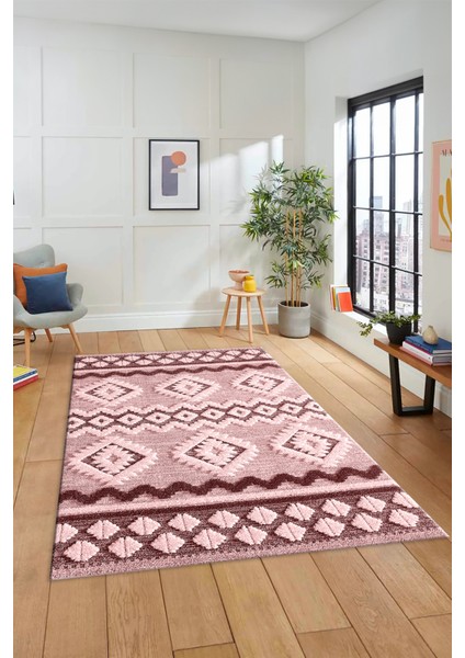 3D Baskılı Kaymaz Yıkanabilir Şık Kilim Desen Yolluk Mutfak Halısı Salon Halısı Modern-68-Pembe