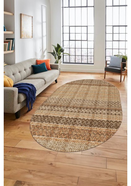 Baskılı Kaymaz Yıkanabilir Şık Kilim Desen Oval Yolluk Halısı Salon Halısı O-Modern-70-Kahve