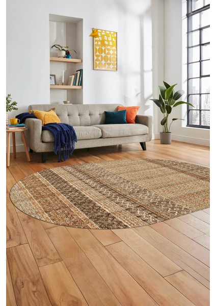 Baskılı Kaymaz Yıkanabilir Şık Kilim Desen Oval Yolluk Halısı Salon Halısı O-Modern-70-Kahve fiyatları