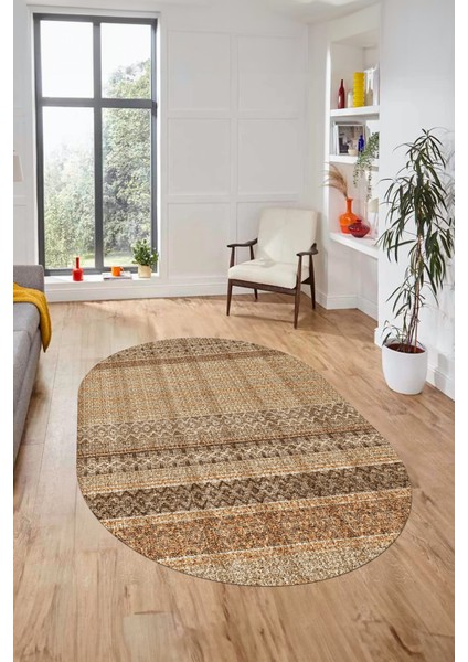 Baskılı Kaymaz Yıkanabilir Şık Kilim Desen Oval Yolluk Halısı Salon Halısı O-Modern-70-Kahve modelleri