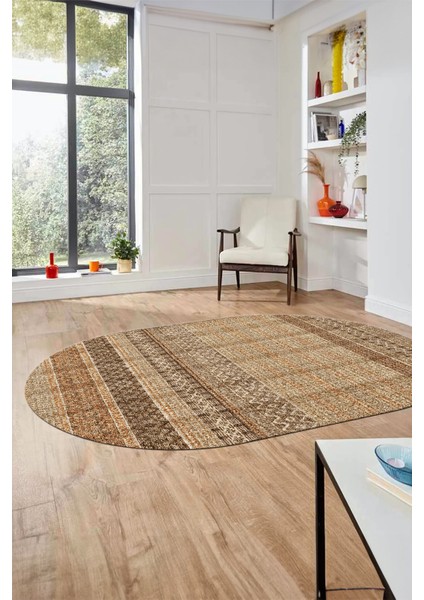 Baskılı Kaymaz Yıkanabilir Şık Kilim Desen Oval Yolluk Halısı Salon Halısı O-Modern-70-Kahve fırsatları