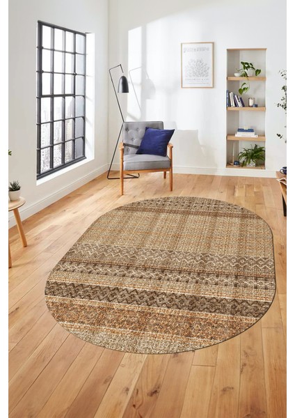 Baskılı Kaymaz Yıkanabilir Şık Kilim Desen Oval Yolluk Halısı Salon Halısı O-Modern-70-Kahve indirimleri
