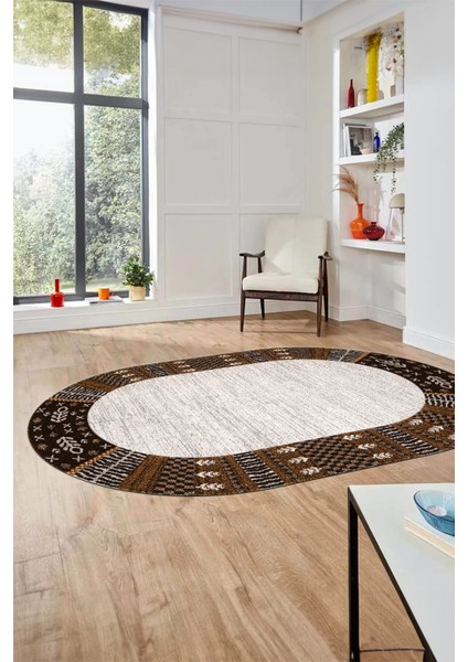 Etnik Baskılı Kaymaz Taban Yıkanabilir Oval Yolluk Mutfak Salon Halısı O-MODERN-119-KAHVE