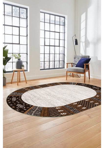 Etnik Baskılı Kaymaz Taban Yıkanabilir Oval Yolluk Mutfak Salon Halısı O-MODERN-119-KAHVE modelleri