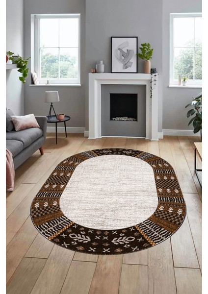 Etnik Baskılı Kaymaz Taban Yıkanabilir Oval Yolluk Mutfak Salon Halısı O-MODERN-119-KAHVE fırsatları