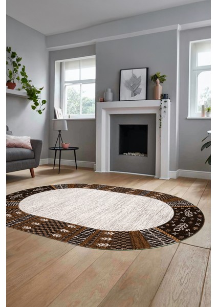 Etnik Baskılı Kaymaz Taban Yıkanabilir Oval Yolluk Mutfak Salon Halısı O-MODERN-119-KAHVE indirimleri