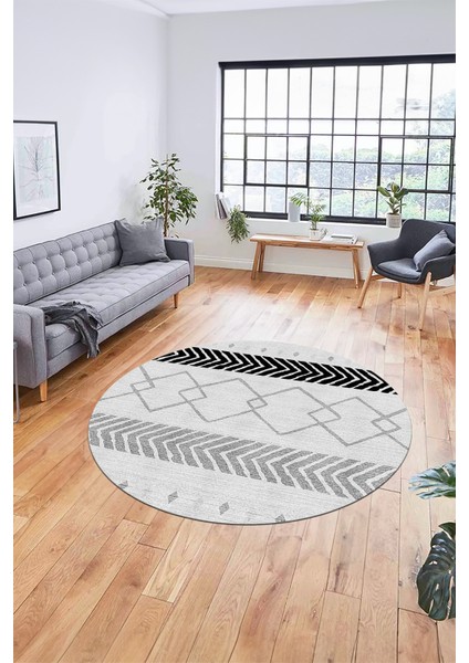 Sade Modern Kilim Desen Kaymaz Yıkanabilir Yuvarlak Mutfak Salon Halısı Y-Modern-75-Gri