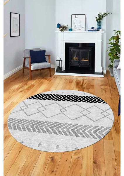 Sade Modern Kilim Desen Kaymaz Yıkanabilir Yuvarlak Mutfak Salon Halısı Y-Modern-75-Gri