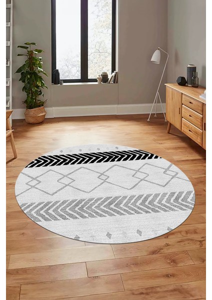 Sade Modern Kilim Desen Kaymaz Yıkanabilir Yuvarlak Mutfak Salon Halısı Y-Modern-75-Gri