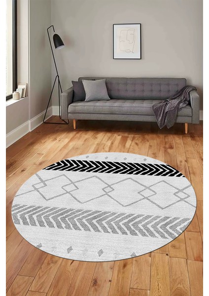 Sade Modern Kilim Desen Kaymaz Yıkanabilir Yuvarlak Mutfak Salon Halısı Y-Modern-75-Gri