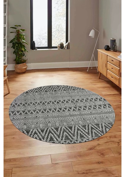 Kilim Desen Özel Tasarım Kaymaz Yıkanabilir Yuvarlak Mutfak Salon Halısı Y-Modern-86-Gri